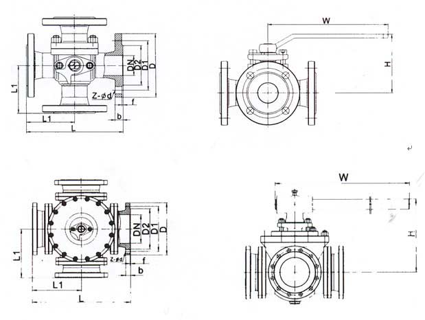 法兰连接四通球阀结构图